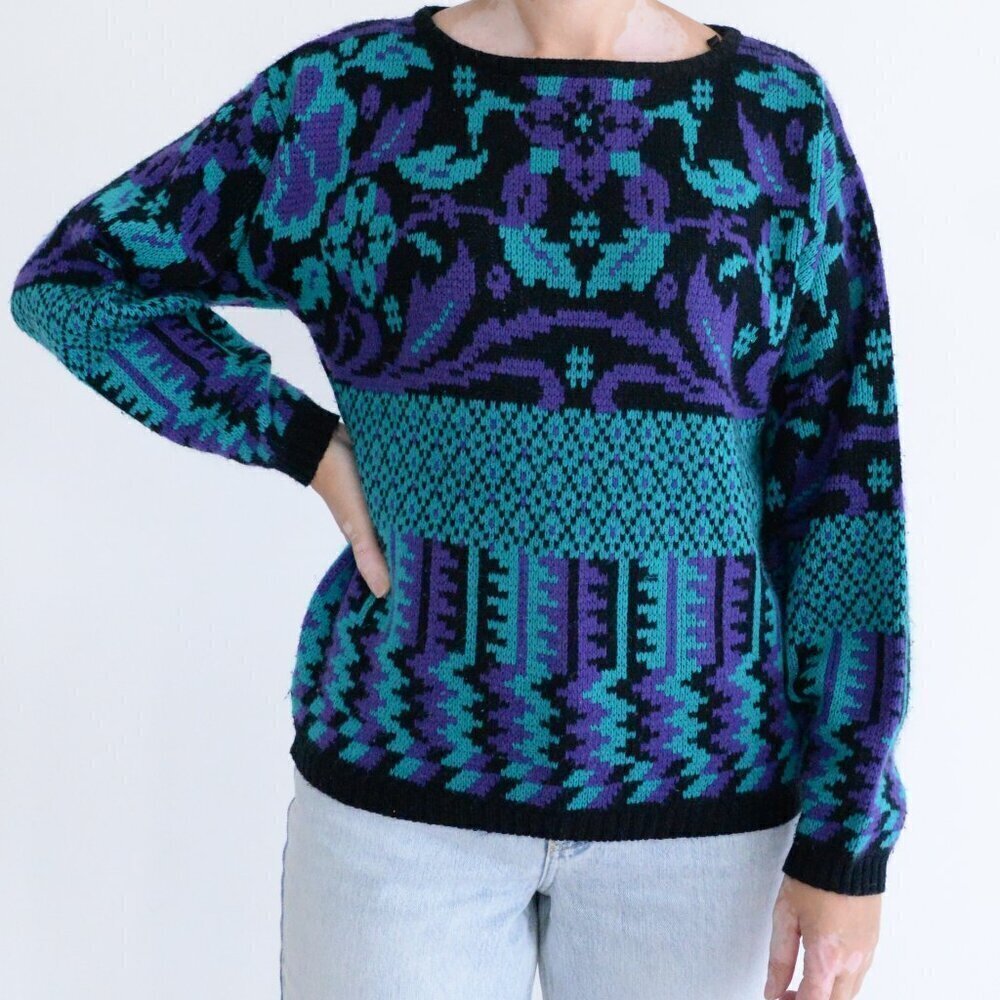 Vintage Country Concepts Black Purple Eclectic Grandma Knit Scoop Neck Sweater M